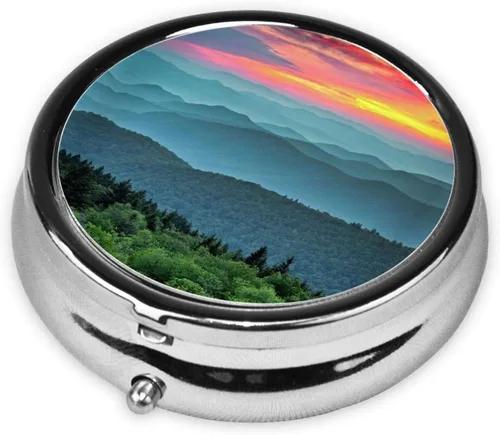 Vista 2 de Pastillero redondo impreso Mountain Sunset portátil, mini pastillero, organizador de píldoras de metal chapado en hierro con 3 compartimentos
