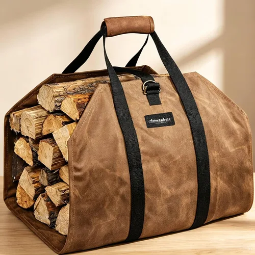 Vista 11 de Amagabeli - Bolsa de transporte de leña encerada, bolsa de transporte resistente para chimenea de leña grande con asas para camping, soporte