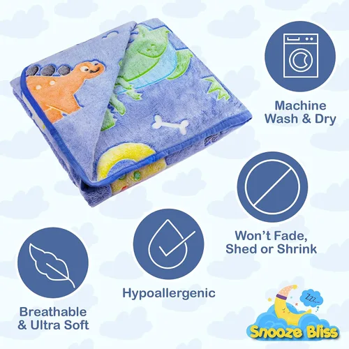 Vista 4 de Manta de dinosaurio que brilla en la oscuridad para niños, manta suave de forro polar azul. Gran regalo de dinosaurio para niños, nietos, bebés