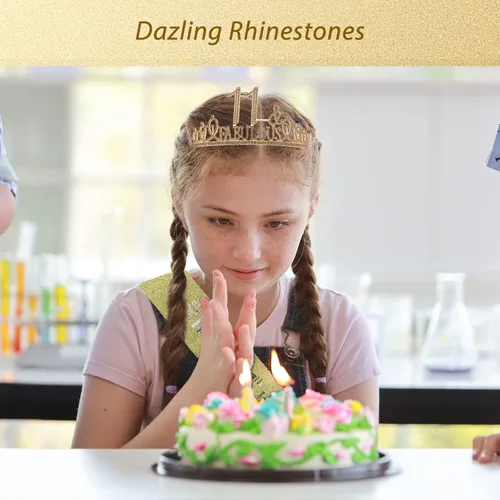 Vista 6 de EBE EmmasbyEmma Banda y tiara de cumpleaños número 11 para niñas, fabulosa banda con purpurina + fabulosa tiara de metal dorada de diamantes