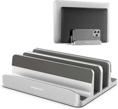 Vista 9 de Soporte vertical para portátil AboveTEK, soporte de escritorio de aluminio con 3 ranuras y base ajustable para tableta, MacBook, teléfono - Ajuste