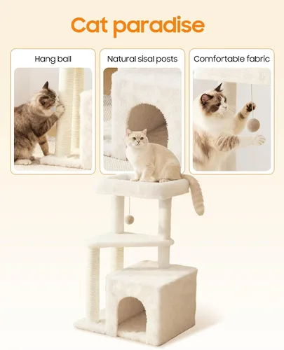 Vista 3 de Torre de árbol para gatos de interior, condominio para gatos de varios niveles de 33 pulgadas con postes rascadores, percha grande, juguete colgante