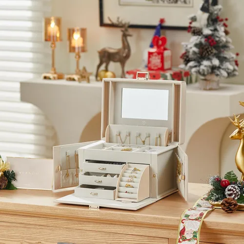 Vista 6 de Vlando Joyero organizador para niñas y mujeres, caja de almacenamiento de joyería barroca grande con espejo, cajones para pulseras, aretes, anillos
