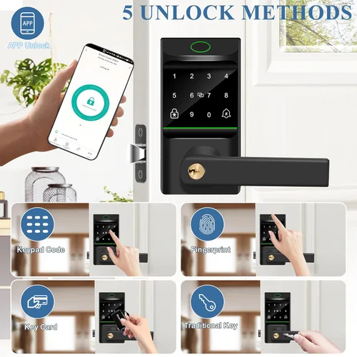 Vista 2 de Cerradura de puerta automática de entrada sin llave, cerradura inteligente con perilla de puerta, huella digital biométrica, código de acceso