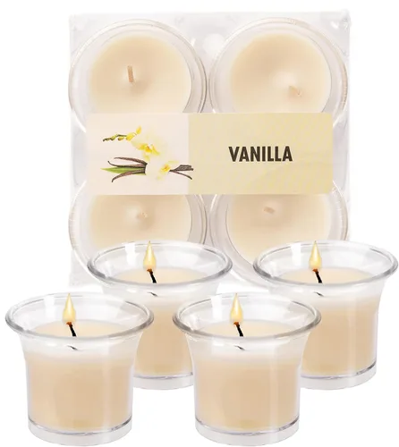 Vista 8 de HYOOLA Clear Cup Velas votivas perfumadas – Citronela – 12 horas de tiempo de combustión – Paquete de 4 – Fabricado en Europa Amarillo Citronela