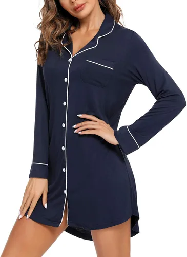 Vista 12 de Samring Camisón de pijama para mujer, manga corta/larga, con botones, camisón para dormir, camisón para novio, talla XXL