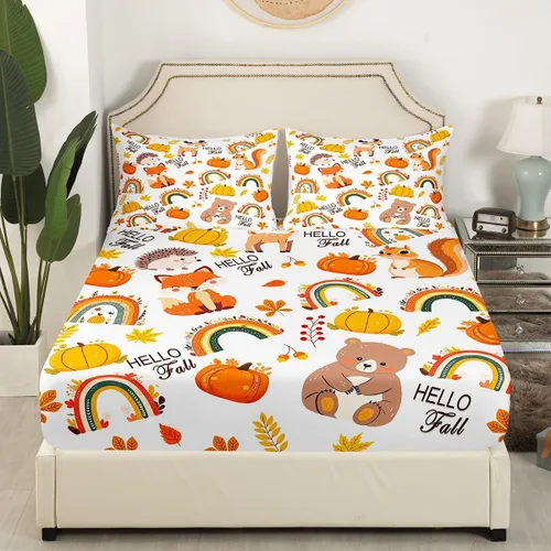 Vista 3 de Manfei Juego de sábanas de otoño, tamaño individual, diseño de hojas de calabaza, dibujos animados, arcoíris, zorro, oso, ciervo, para niños