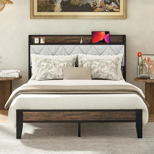 Vista 10 de Sweetcrispy Base de cama individual con cabecera tapizada, cabecera de almacenamiento con estación de carga USB, soporte de listones de metal