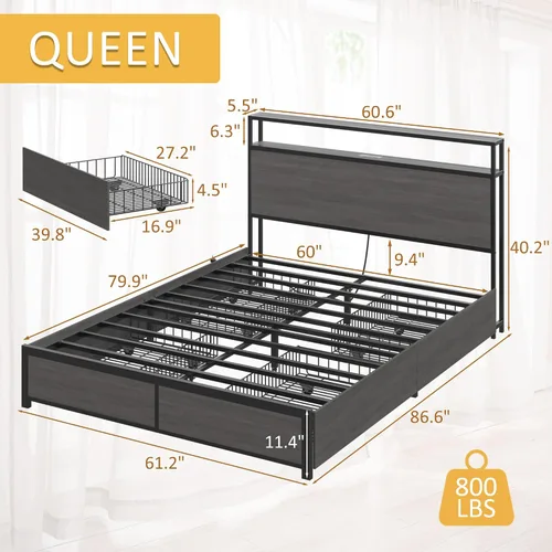Vista 2 de Lifezone Base de cama Queen con cabecera de almacenamiento de 2 niveles, base de cama de plataforma de metal con 4 cajones de almacenamiento, gris