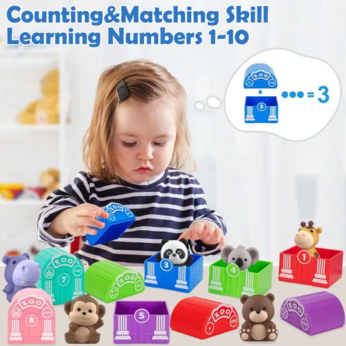 Vista 8 de Aigybobo Juguetes de aprendizaje para niños de 1, 2, 3 años, 40 juguetes de animales Montessori, contar, combinar y clasificar juegos de motricidad
