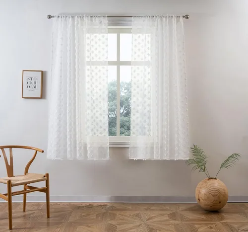 Vista 10 de DriftAway Olivia - Cortinas transparentes de gasa gris de vellón bordado para ventana con pompones, 2 paneles con pliegue para barra de 52 pulgadas