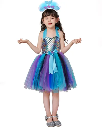 Vista 4 de Davsolly Mermaid Costume for Girls Led Light Up Mermaid Princess Tutu for Birthday Halloween Cosplay Christmas Dress Up Gifts