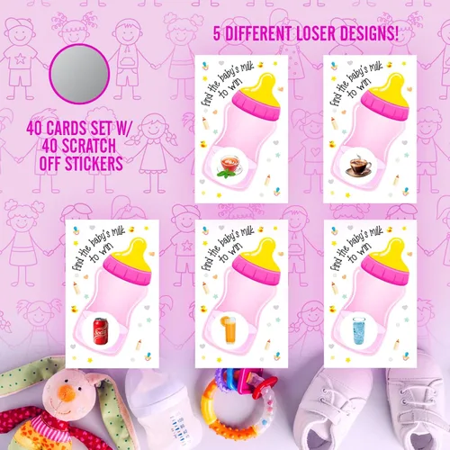 Vista 4 de RokAPary Find The Babys Milk Scratch Off Game, It's a Girl Baby Shower Fácil de jugar juegos tontos, idea divertida, actividad rompehielos. Tarjetas
