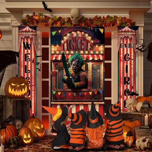 Vista 5 de WovWeave 3 piezas de decoraciones espeluznantes de carnaval de Halloween incluyen 2 carteles de circo malvado para porche y taquilla de boletos