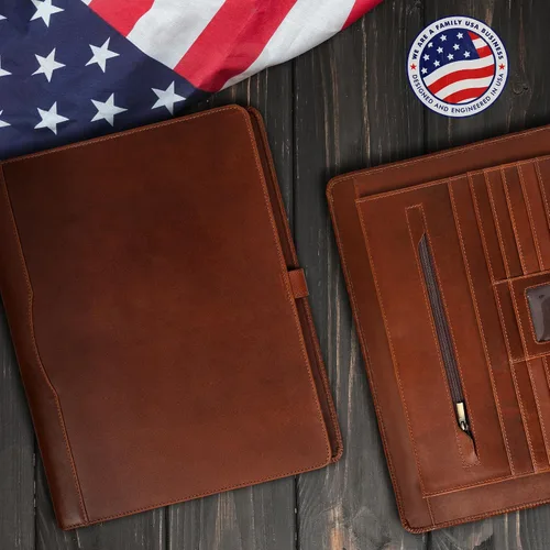 Vista 6 de Carpeta de piel ELIZO, portafolio de cuero para hombres y mujeres, organizador profesional de cartera de negocios, cartera de cuero con correa
