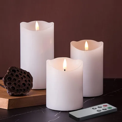 Vista 6 de Eywamage Velas de Pilar Blancas Sin Llama con Control Remoto, Velas de Cera LED Realistas Parpadeantes Alimentadas por Batería, Φ 3" H 4" 5" 6