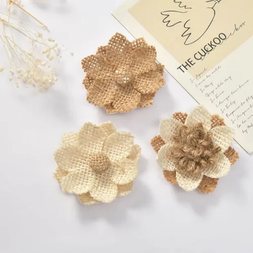Vista 3 de 40 piezas de flores de arpillera hechas a mano, flores rústicas para el hogar, ramos de manualidades, decoración de fiesta de boda