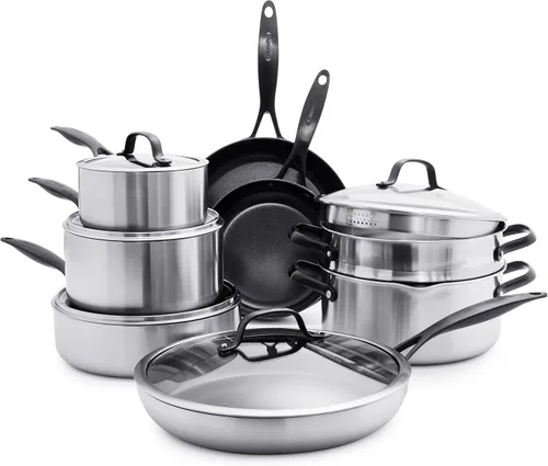 Vista 10 de GreenPan Venice Pro Noir - Juego de sartenes antiadherentes de cerámica saludable de acero inoxidable de 8 y 10 pulgadas, mango negro mate, sin