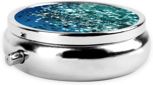 Vista 3 de Pastillero de 3 compartimentos para medicina, organizador de píldoras con fondo azul con purpurina, pastillero redondo para bolso y bolsillo