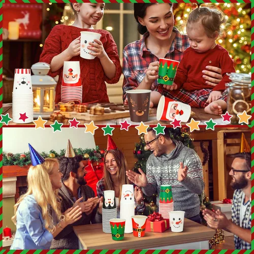 Vista 5 de Zhehao 200 Piezas Vasos de Papel de Navidad Xmas Vasos Desechables de Café 9 oz Santa Muñeco de Nieve Alce Vasos Desechables de Papel de Navidad