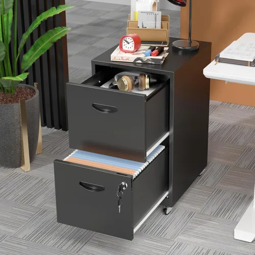 Vista 2 de Archivador móvil de 2 cajones con cerradura, archivadores de metal con ruedas, gabinete de almacenamiento enrollable negro, archivador vertical