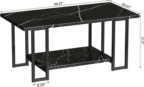 Vista 2 de AWQM Mesa de Centro de Mármol, Mesa de Centro Rectangular con Superficie de Mármol Sintético y Marco de Metal Negro, Mesa de Sala de 2 Niveles