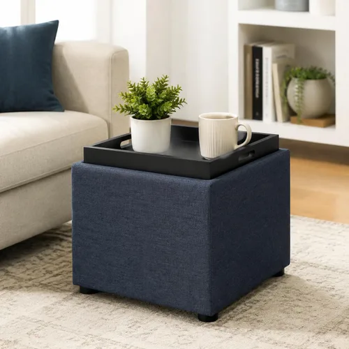 Vista 9 de Otomana Cuadrada con Almacenamiento con Bandeja, Pequeño Taburete de Reposapiés de Corderito, Mesa de Centro para Dormitorio y Sala de Estar, Gris