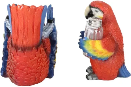 Vista 4 de Ebros Gift Paquete de 2 saleros y pimenteros con diseño de selva tropical de río rojo escarlata, guacamayo, pájaro, salero y pimentero y botellero