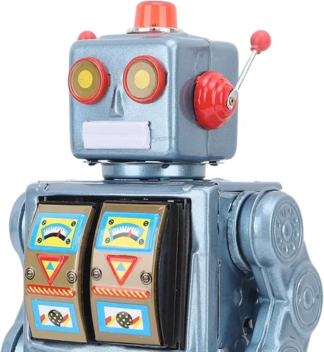 Vista 8 de Robot vintage, robot giratorio eléctrico retro para colección, Navidad, regalo, fiesta, cumpleaños, festival, sorpresa, recuerdos, lata Azul