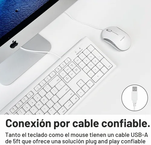 Vista 3 de Macally Combo de teclado y mouse Mac con cable USB de tamaño completo, compatible con teclado y mouse ergonómico Apple con atajos y teclado numérico
