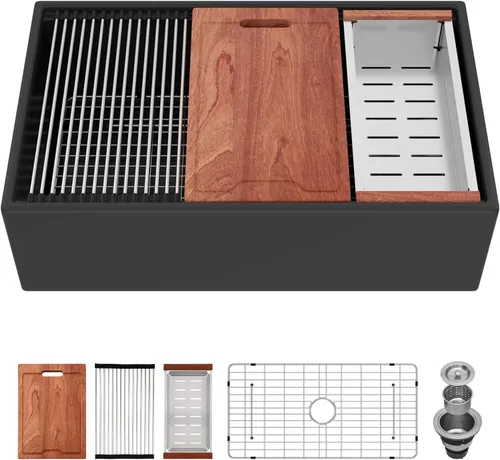 Vista 6 de Sarlai Fregadero negro de granja, fregadero de cocina de 33 pulgadas, estación de trabajo, delantal frontal de arcilla refractaria negra mate