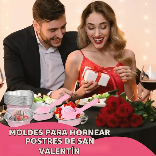Vista 6 de Nuogo 30 juegos de mini moldes para tartas de corazón con tapas y cucharas de 1.86 onzas / 1.9 fl oz Mini papel de aluminio en forma de corazón Rosa