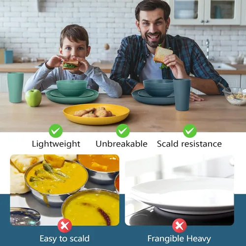 Vista 4 de Teivio Juego de vajilla de plástico de paja de trigo de 16 piezas, servicio para 4, platos de cena, plato de postre, tazones para cereales, tazas