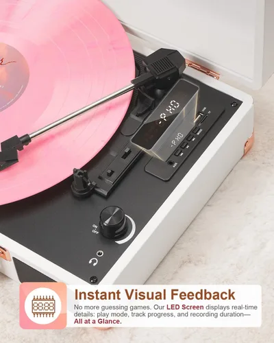 Vista 4 de TANALNIN - Tocadiscos de vinilo, tocadiscos portátil de maleta con Bluetooth de 3 velocidades con altavoces integrados, grabación USB, salida RCA