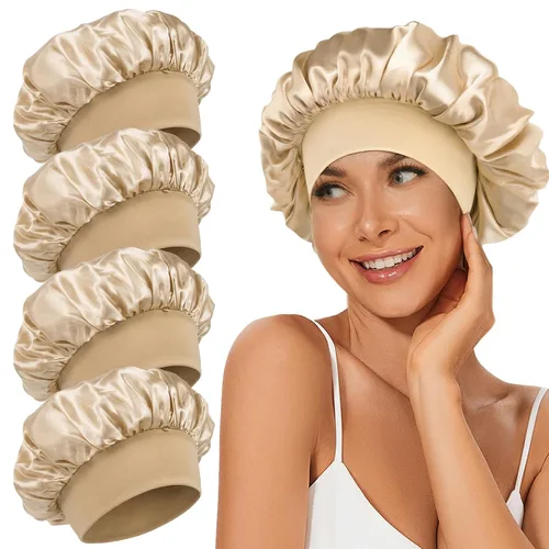 Vista 18 de 4 piezas de gorro de satén de seda, gorro de cabello para dormir, gorro de seda elástica de banda ancha para dormir, suave y transpirable Gorra