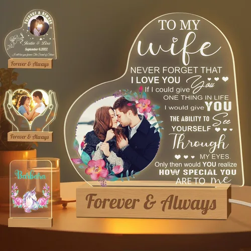 Vista 15 de Luz nocturna con foto personalizada, lámpara LED con nombre de corazón, lámpara acrílica personalizada con imagen, regalo para su novia, amante