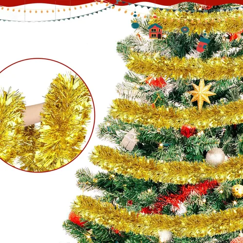 Vista 4 de Guirnalda de oropel dorada de Navidad de 50 pies, guirnalda metálica brillante con diseño de oropel colgante para adornos de árbol de Navidad