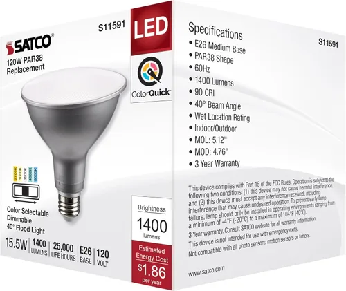 Vista 7 de Satco S11591; LED PAR38 de 15.5 vatios; base media; acabado plateado; CCT seleccionable; 120 voltios; ángulo de haz de 40 grados