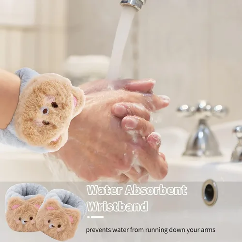 Vista 3 de WHAVEL Juego de 3 bandas para el cabello, diadema de spa y pulsera con lindas orejas de oso, bandas de lavado facial para mujeres y niñas (café 01)