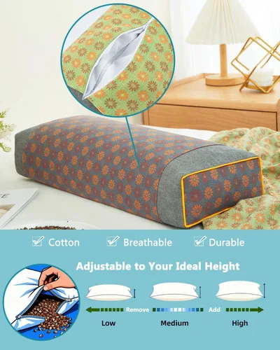 Vista 3 de Almohadas rectangulares de trigo sarraceno, almohadas planas de apoyo cervical para dormir, relleno de casco de trigo sarraceno ajustable