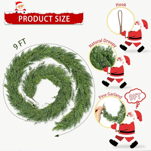 Vista 5 de Guirnalda de Navidad de 2,7 m para barandilla de escalera, flexible y de tacto real, artificial, de cedro y pino, verde, para Navidad, para repisa