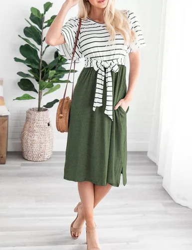 Vista 6 de MEROKEETY - Vestido largo hasta por debajo de la rodilla para el verano, con mangas de rayas y con volantes, con bolsillos en la cintura, con tira