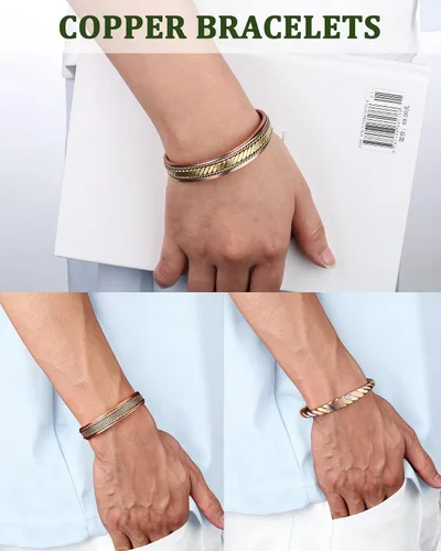 Vista 3 de MagEnergy Pulseras de cobre para mujeres y hombres, juego de 3 piezas, terapia magnética, pulsera hecha a mano 100% cobre, caja de regalo de joyería