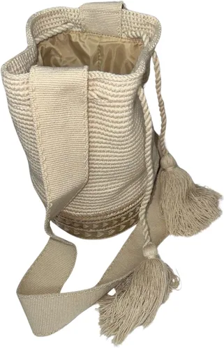 Vista 2 de Mochila Colombiana Auténtica WAYUU Mejor Hecho A Mano Cruz Cuerpo Flecos Pajita Bolsa Mediano Beige Nuevo, Beige, Bolso hecho a mano Wayuu