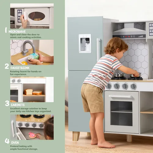 Vista 4 de Play Kitchen - Juego de cocina de juguete de madera para niños con luces y sonidos simulados, cocina de madera Montessori con fregadero, estufa