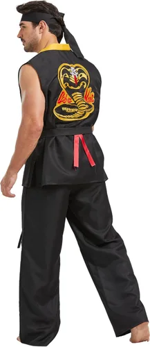 Vista 2 de Disfraz de karate para hombre, de lujo, talla grande, conjunto de uniforme de karate Gi de Halloween, con diadema de cinturón negro, unisex