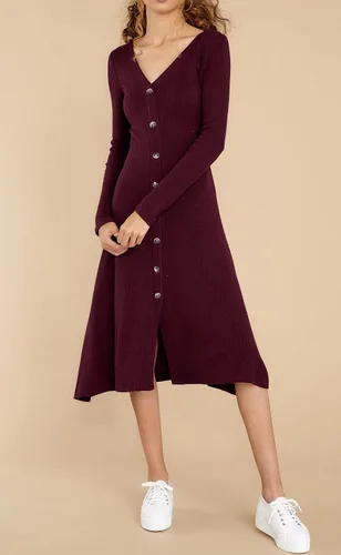 Vista 4 de R.Vivimos - Vestido midi de manga larga, de algodón, con cuello en V y abotonado, para el invierno, estilo casual, de punto