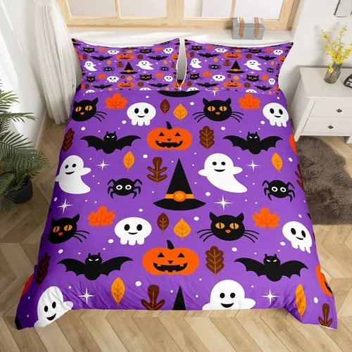 Vista 12 de Erosebridal Funda de edredón de calabaza con diseño de murciélagos para Halloween, juego de ropa de cama con sombrero de bruja, funda de edredón
