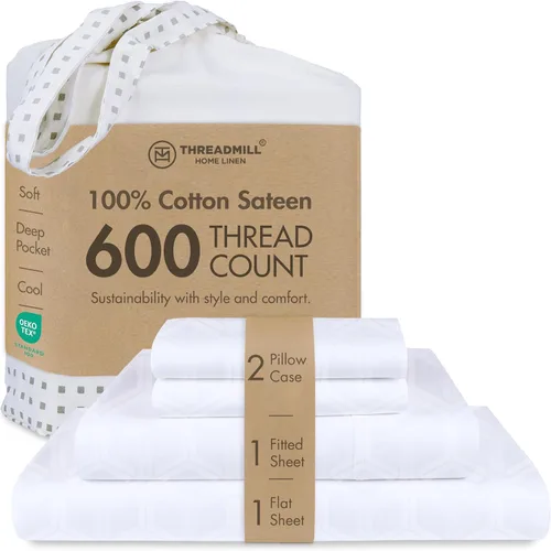 Vista 53 de Threadmill Sábanas de tamaño matrimonial, 100 % algodón puro de 600 hilos, 4 piezas, damasco, gris oscuro, calidad de hotel, sábanas de algodón