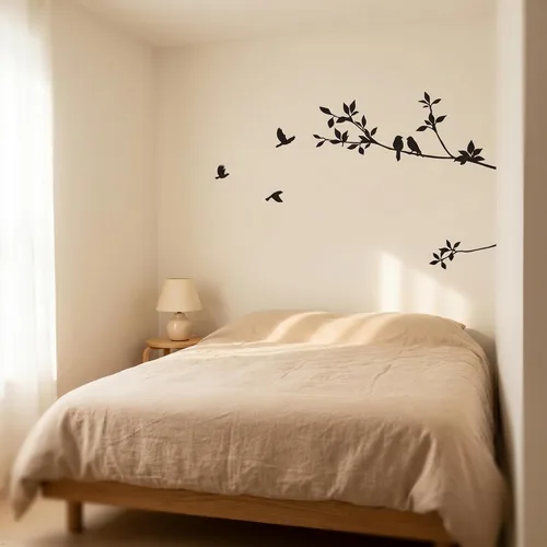 Vista 4 de Vinilo decorativo para pared con dibujo de aves volando y ramas de árboles Negro